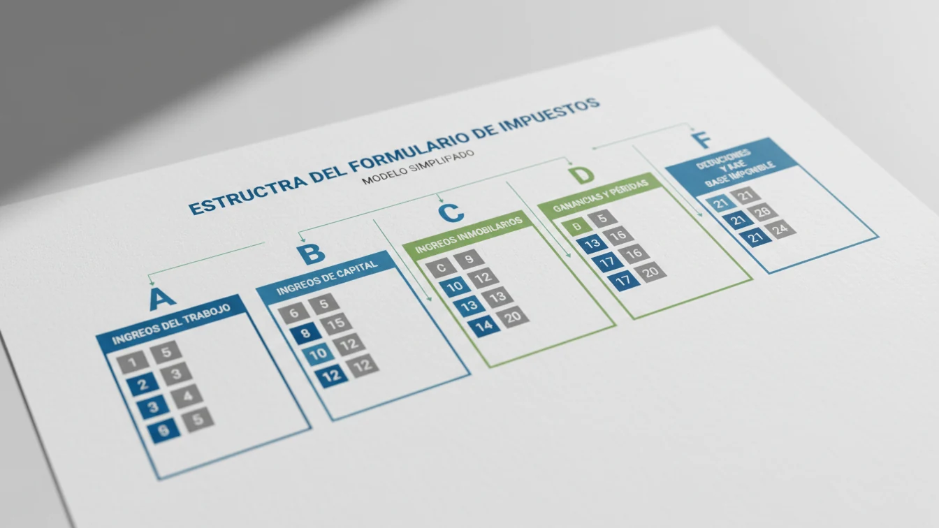 Esquema visual de la estructura del Modelo 100 mostrando sus principales secciones