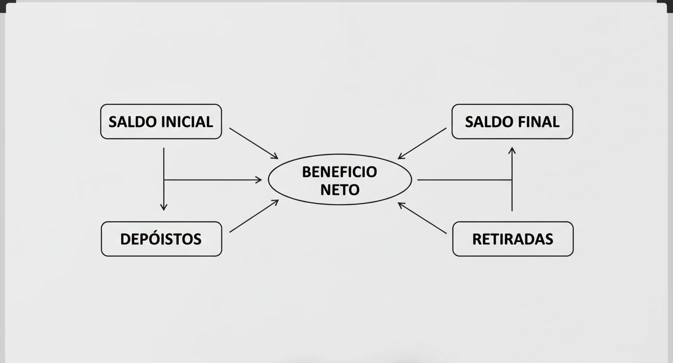 Diagrama explicativo de la fórmula del beneficio neto con saldo inicial, depósitos, retiradas y saldo final