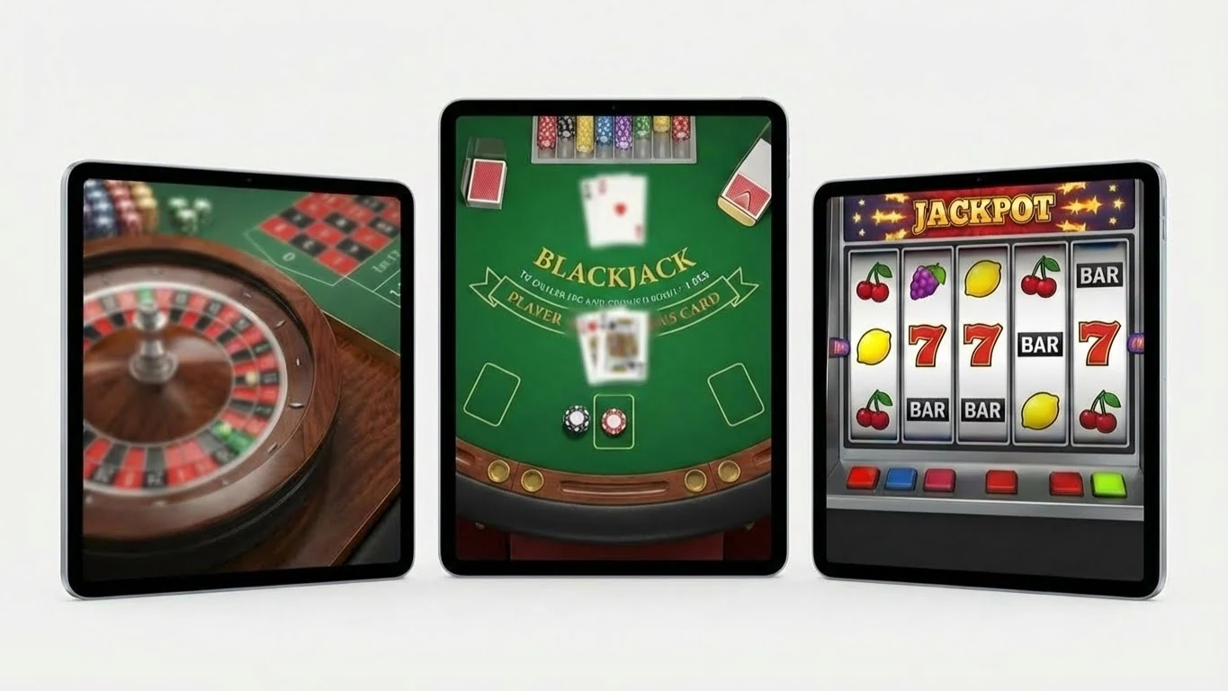 Diferentes juegos de casino: ruleta, blackjack y tragaperras en pantallas