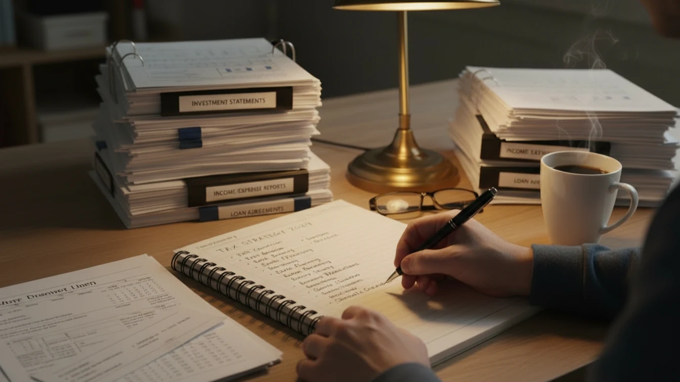 Persona planificando su estrategia fiscal con documentos y notas