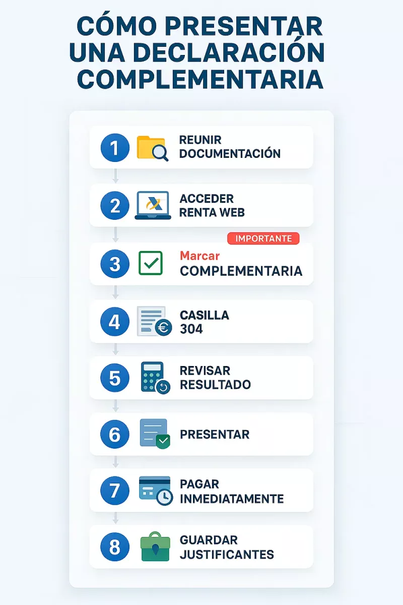 Cómo presentar declaración complementaria en Hacienda: proceso completo en 8 pasos desde documentación hasta pago - Guía visual