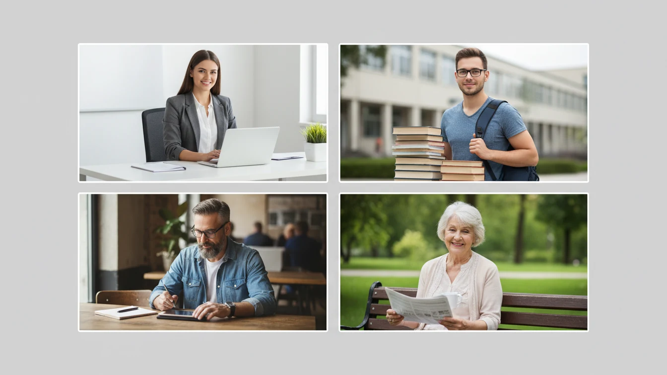 Diferentes perfiles de contribuyentes: trabajador, estudiante, autónomo y pensionista