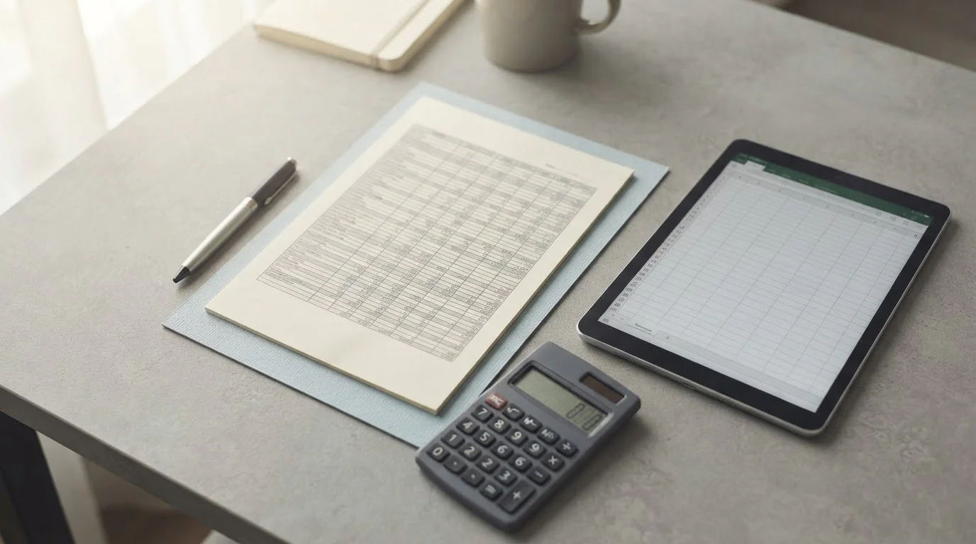 Calculadora y documentos fiscales sobre escritorio representando cálculos de ganancias e impuestos
